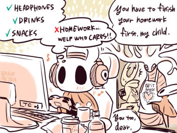 1other 3girls apron bano_akira blush cloak commentary computer_keyboard controller english_text game_controller headphones holding holding_controller holding_game_controller hollow_eyes hollow_knight hollow_knight:_silksong hood hood_down hoodie hornet_(hollow_knight) knight_(hollow_knight) looking_at_another multiple_girls red_cloak speech_bubble thought_bubble white_lady_(hollow_knight)