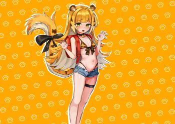 1girl animal_collar animal_ears animal_print backpack bag bikini bikini_top_only black_bow blush bow bow_bikini breasts claw_pose collar fang green_eyes highres ju_fufu large_bow loli lovin_arte multicolored_hair navel neck_bell open_mouth orange_background outline paw_print paw_print_background print_bikini print_bikini_top short_shorts shorts small_breasts solo standing swimsuit tail tail_bow tail_ornament thigh_strap tiger_ears tiger_girl tiger_print tiger_print_bikini tiger_tail variant_set white_outline zenless_zone_zero