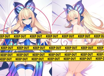 antenna_hair ass azure_striker_gunvolt blonde_hair blush breasts butterfly_hair_ornament caution_tape cleavage commission completely_nude cowboy_shot dakimakura_(medium) dress green_eyes hair_ornament highres keep_out large_breasts lololotton long_hair lumen_(gunvolt) lying multicolored_hair nude on_back on_bed paid_reward_available pink_hair skeb_commission strapless strapless_dress thighhighs two-tone_hair white_dress white_thighhighs