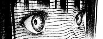 1girl close-up eye_focus greyscale kansouki looking_ahead monochrome original perspective striped_skin