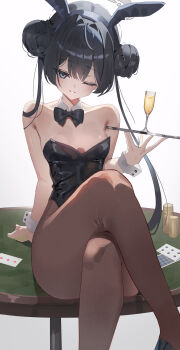 1girl absurdres alternate_costume animal_ear_hairband animal_ears arm_support bare_shoulders black_bow black_bowtie black_hair black_hairband black_leotard black_pantyhose black_shoes blue_archive bow bowtie braid braided_bun breasts casino_card_table champagne_flute coin crossed_legs cup detached_collar dot_nose double_bun drinking_glass fake_animal_ears feet_out_of_frame grey_eyes grey_halo grin hair_between_eyes hair_bun hairband halo hand_up highleg highleg_leotard highres holding holding_tray kisaki_(blue_archive) leotard loli long_hair looking_at_viewer madai_(mappy) on_table one_eye_closed pantyhose parted_lips playboy_bunny poker_table rabbit_ears shoes simple_background sitting small_breasts smile solo strapless strapless_leotard table thighs tray twintails white_background wrist_cuffs