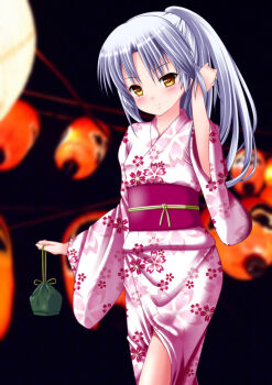 1girl angel_beats! bag blurry blurry_background clip_studio_paint_(medium) closed_mouth commentary_request commission cowboy_shot floral_print floral_print_kimono grey_hair highres holding holding_kinchaku japanese_clothes kaze_makase kimono kinchaku light_blush long_hair looking_at_viewer obi pink_kimono ponytail pouch print_kimono red_sash revision sash satchel smile solo tachibana_kanade yellow_eyes yukata