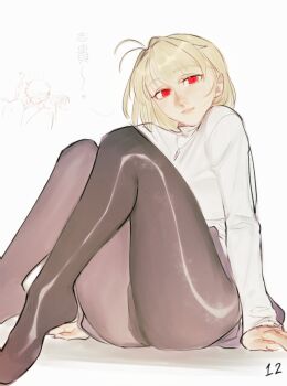 1boy 1girl ahoge arcueid_brunestud ass black_pantyhose blonde_hair blue_skirt couple feet highres huge_ass jewelry leodot looking_at_viewer necklace on_floor pantyhose red_eyes short_hair sitting skirt smile sweater thick_thighs thighs tohno_shiki translation_request tsukihime tsukihime_(remake) turtleneck turtleneck_sweater