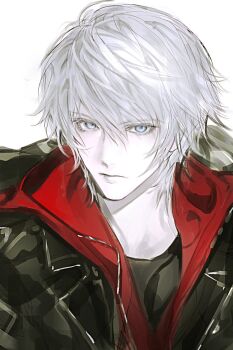 1boy 8knff black_jacket black_shirt blue_eyes closed_mouth crew_neck devil_may_cry devil_may_cry_(series) devil_may_cry_4 eyelashes hood hooded_jacket jacket lapels male_focus nero_(devil_may_cry) notched_lapels red_jacket shirt simple_background solo unzipped white_background white_hair zipper