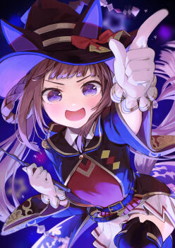 1girl :d belt black_hat blush bow braid braided_hair_rings brown_hair cape commentary_request finger_gun foreshortening gloves hair_rings hat hat_bow index_finger_raised long_hair looking_at_viewer open_mouth pleated_skirt pointing pointing_at_viewer purple_eyes red_bow skirt smile solo star_(sky) sweep_tosho_(platanus_witch)_(umamusume) sweep_tosho_(umamusume) syuri22 thighhighs umamusume white_gloves witch_hat