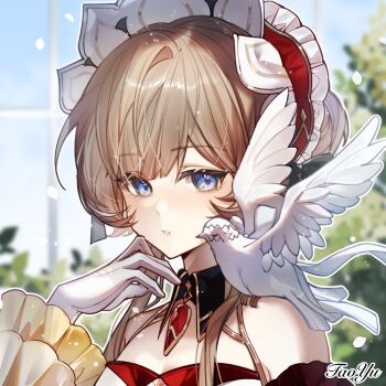 1girl animal animal_on_shoulder bare_shoulders bird bird_on_shoulder blue_eyes blurry blurry_background breasts brown_hair chinese_commentary cleavage cn_taoyu commentary_request detached_collar dove dress genshin_impact gloves hand_up highres long_hair looking_at_viewer parted_lips sandrone_(genshin_impact) solo upper_body white_gloves