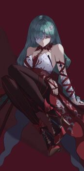 1girl absurdres arm_across_waist arm_support bandage_over_one_eye bare_shoulders black_pantyhose breasts closed_eyes closed_mouth commentary double_slash_(uphx3853) dress earrings facing_viewer full_body grey_hair halter_dress halterneck high_heels highres jewelry large_breasts long_hair pantyhose phrolova_(wuthering_waves) red_background red_dress red_shoes shoes sitting solo tacet_mark_(wuthering_waves) wuthering_waves