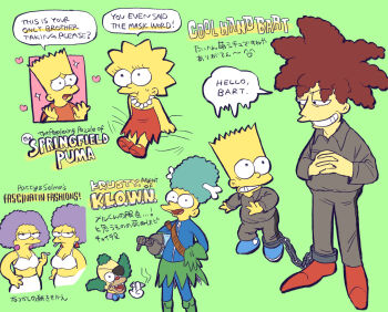 20th_century_fox 3girls 4boys bart_simpson blonde_hair bra chawako_(spchawanmushi) child cigar cigarette clown colored_skin dress evil_smile eyepatch green_background green_hair grin heart highres krusty_the_clown legs lisa_simpson makeup messy_hair multiple_boys multiple_girls panties patti_bouvier red_hair scared selma_bouvier shota sideshow_bob sideshow_mel smile the_simpsons underwear white_facepaint yellow_skin