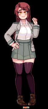 1girl animated animated_gif black_shoes black_thighhighs blazer blush boku_no_hero_academia breasts collared_shirt commentary commission doosio english_commentary finger_gun fire full_body green_skirt grey_jacket hand_on_own_hip jacket long_hair lowres medium_breasts original parted_lips pixel_art pleated_skirt pointing pointing_up red_eyes school_uniform shirt shirt_tucked_in shoes skirt smile solo thighhighs transparent_background u.a._school_uniform very_long_hair white_shirt winking_(animated)