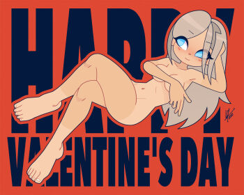 Rule 34 | 1girl, ape yacht kookies, barefoot, blue eyes, blush, blush stickers, breasts, completely nude, covering breasts, covering privates, crossed legs, grey hair, happy valentine, liliana canistrelli, long hair, looking to the side, louis lloyd-judson, medium breasts, navel, nude, original, signature, smile, solo, tan, tanline, toned, toned female, toon (style), valentine