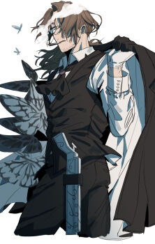 1boy alternate_costume ascot beard_stubble black-framed_eyewear black_ascot black_butterfly black_coat black_pants black_vest brooch brown_eyes brown_hair bug butterfly cigarette coat collared_shirt cowboy_shot cropped_legs dress_shirt e.g.o_(project_moon) facial_hair formal_clothes from_side glasses gloves gregor_(project_moon) gun hair_over_one_eye hand_up handgun highres holding holding_coat holding_unworn_clothes holster holstered insect jacket jewelry limbus_company long_hair long_sleeves looking_at_viewer looking_down looking_to_the_side low_ponytail male_focus mouth_hold pants parted_bangs parted_lips pistol ponytail profile project_moon purple_brooch revolver shirt simple_background smoke smoking solemn_lament_(e.g.o) solo standing stubble suit uibou00000 unworn_coat vest weapon white_background white_butterfly white_gloves white_shirt wings