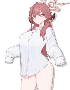 1girl :/ alternate_costume aru_(blue_archive) blue_archive blunt_bangs breasts commentary_request demon_horns dress_shirt halo highres horns korean_commentary large_breasts light_blush looking_at_viewer no_pants open_collar oversized_clothes oversized_shirt pink_hair shirt simple_background sleeves_past_fingers sleeves_past_wrists solo thighs white_background white_shirt yoo_mu1004