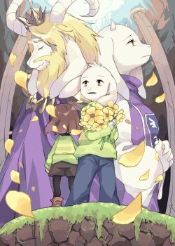 1girl 1other 2boys absurdres animal_ears asgore_dreemurr asriel_dreemurr back-to-back black_pantyhose blonde_hair blue_pants bob_cut brown_eyes brown_footwear brown_hair brown_shorts chara_(undertale) cloak closed_mouth commentary_request crown family fang father_and_son flower furry furry_female furry_male goat_boy goat_ears goat_girl green_sweater highres holding holding_flower horns interlocked_fingers long_sleeves marueri mother_and_son multiple_boys open_mouth own_hands_clasped own_hands_together pants pantyhose pillar purple_cloak short_hair shorts skin_fang striped_clothes striped_sweater sweater toriel two-tone_sweater undertale utdr_(toby_fox) white_fur yellow_flower yellow_petals yellow_sweater