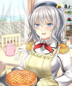 1girl apple_pie apron beret blue_eyes breasts chair coffee coffee_pot collared_shirt curtains day epaulettes failure_penguin female_focus fence flower food frilled_sleeves frills gloves grey_shirt hat highres jacket kantai_collection kashima_(kancolle) kerchief large_breasts long_hair long_sleeves looking_at_viewer military military_jacket military_uniform neckerchief ocean open_mouth oven_mitts pie plant plate red_neckerchief rose sabakuomoto shirt sidelocks silver_hair smile solo sugar_cube sunlight table tray tsurime twintails upper_body wavy_hair white_jacket