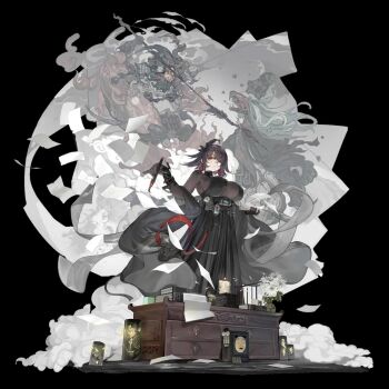 1girl 2others black_hair book bouquet breasts brush candle dress fighting flower girls&#039;_frontline girls&#039;_frontline_neural_cloud holding holding_weapon lamp large_breasts monocle multiple_others nora_(neural_cloud) paper red_eyes see-through_clothes skirt smoke weapon
