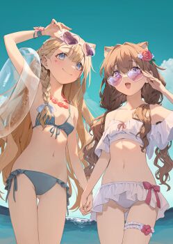2girls arm_up blonde_hair blue_eyes blue_sky blush breasts brown_hair day facial_mark flower_on_face heart heart-shaped_eyewear heart_facial_mark highres holding_hands lifebuoy multiple_girls nails nyum ocean open_mouth original purple_eyes skirt sky small_breasts smile sunglasses sunglasses_on_head swim_ring swimsuit