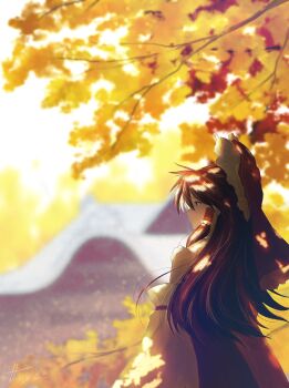 1girl absurdres autumn autumn_leaves bow brown_eyes brown_hair building commentary_request dappled_sunlight detached_sleeves frilled_bow frilled_hair_tubes frills hair_bow hair_tubes hakurei_reimu highres leaf long_hair oubachiago outdoors procreate_(medium) red_bow revision solo sunlight touhou
