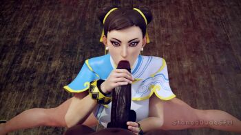 1boy 1girl 3d animated brown_hair capcom chun-li clothed_female_nude_male dark-skinned_male dark_skin double_bun earrings fellatio hair_bun handjob hetero interracial jewelry nude oral pearl_earrings penis pov sound split spread_legs stoneddude street_fighter tagme testicles uncensored video