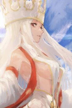 1girl breasts crown dress dress_of_heaven fate/grand_order fate_(series) highres irisviel_von_einzbern irisviel_von_einzbern_(caster) kouzuki_kei large_breasts long_hair looking_at_viewer red_eyes sideboob sky upper_body white_hair