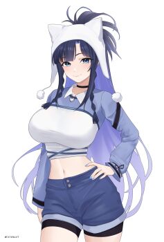 1girl absurdres black_choker black_hair blue_eyes blue_hair blue_shorts blue_shrug braid breasts choker colored_inner_hair commentary cowboy_shot cropped_shirt english_commentary gototo_touma hand_on_own_hip hat highres hololive hololive_english kronie_(ouro_kronii) large_breasts long_hair looking_at_viewer midriff multicolored_hair navel official_alternate_costume official_alternate_hairstyle ouro_kronii shirt short_shorts shorts shrug_(clothing) side_braids simple_background solo very_long_hair virtual_youtuber white_background white_hat white_shirt