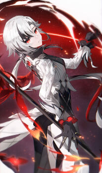 1girl 606_haochuangshangren arlecchino_(genshin_impact) ass black_hair black_hands black_nails black_pants closed_mouth coat colored_extremities commentary feet_out_of_frame fire floating_hair from_behind genshin_impact hair_between_eyes hand_up highres holding holding_polearm holding_weapon long_hair long_sleeves looking_at_viewer looking_back multicolored_hair multicolored_nails pants polearm ponytail pyrokinesis red_eyes red_nails red_wings single_wing solo streaked_hair symbol-only_commentary symbol-shaped_pupils very_long_hair vision_(genshin_impact) weapon white_coat white_hair wings x-shaped_pupils