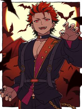 1boy aopanda bat_(animal) belt_buckle black_hair black_nails buckle chain choker claw_pose commentary_request ear_piercing earrings ensemble_stars! fangs fingernails halloween_costume hand_up jewelry kiryu_kuro long_sleeves looking_at_viewer male_focus multicolored_hair nail_polish open_mouth piercing red_eyes red_hair short_hair solo streaked_hair stud_earrings teeth two-tone_hair upper_body