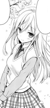 1girl blush breasts cherry_blossoms closed_mouth collared_shirt cowboy_shot falling_petals floating_hair from_above hair_between_eyes komiya_yuuta light_smile long_hair long_sleeves miniskirt necktie non-web_source original petals plaid_clothes plaid_skirt pleated_skirt sawatari_ranna school_uniform shirt skirt small_breasts speech_bubble straight_hair v_arms vest