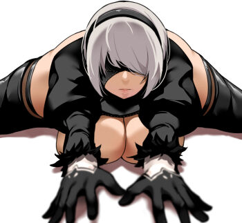 1girl 2b_(nier:automata) bakkanki black_footwear black_headband blindfold breastless_clothes breasts cleavage exercising headband huge_breasts large_breasts lips lying mole mole_under_mouth nier:automata nier_(series) no_bra on_stomach puffy_sleeves short_hair silver_hair solo split spread_legs stretching thick_thighs thighhighs thighs white_background
