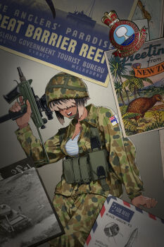 1girl absurdres ammunition_pouch australia breasts buttons camouflage camouflage_headwear camouflage_jacket camouflage_pants cargo_pants cbj-ms cleavage collarbone combat_helmet commentary dark_skin english_commentary english_text flag_patch foregrip grey_background gun hair_over_eyes hearts_of_iron helmet highres holding holding_gun holding_weapon jacket kaiserreich load_bearing_vest long_sleeves magazine_(weapon) military military_combat_uniform military_uniform multicolored_hair new_zealand pants personal_defense_weapon pocket postcard pouch pzkpfwi scope shirt short_hair sidelocks simple_background soldier solo striped_clothes striped_shirt submachine_gun teeth tongue trigger_discipline two-tone_hair weapon