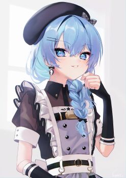 1girl absurdres beret black_bow black_gloves blue_eyes blue_hair bow braid buttons double-breasted earrings elbow_gloves fingerless_gloves frills gloves hair_between_eyes hair_bow hair_ornament hairclip hand_up hat highres hololive hoshimachi_suisei jewelry looking_at_viewer maid parallel_hairclips parted_lips short_sleeves side_braid smile upper_body virtual_youtuber yuuyu_(moco20111115)
