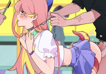 1boy 1girl 2others arm_tattoo asphyxiation bent_over black_shirt blonde_hair blue_bow blurry blurry_background blush bow bracelet cellphone choker cocolis colored_inner_hair drooling earphones from_side green_choker green_eyes green_nails hair_bow hands_up head_out_of_frame heart highres holding holding_earphones holding_phone jewelry leaning_forward long_hair midriff miniskirt multicolored_hair multiple_others open_mouth penis people phone pink_hair puffy_short_sleeves puffy_sleeves purple_skirt pussy_juice quandaiyaojiu rape rolling_eyes rough_sex sex sex_from_behind shirt short_sleeves skirt smartphone solo_focus strangling tattoo tearing_up tentacles tianwen_kadokawa white_shirt