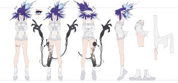 1girl absurdres ass blindfold blue_eyes bound bound_arms breasts commentary dr.nova(e) dr.nova(e)_(asylum_nova) dress english_commentary english_text full_body glasgow_smile highres kamameshi_gougoumaru long_hair messy_hair multiple_views object_through_head official_alternate_costume purple_hair reference_sheet restraints screw_in_head second-party_source shoes small_breasts socks stitches straitjacket v4mirai virtual_youtuber white_dress white_shoes white_socks
