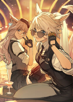 2girls animal_ears beret black_gloves black_thighhighs blonde_hair blue_eyes breasts cat_ears cat_tail cocktail_glass cup drinking_glass earrings facial_mark final_fantasy final_fantasy_xiv fingerless_gloves glasses gloves grey_hair hat hide_(hideout) highres jewelry long_hair looking_at_viewer medium_breasts miqo&#039;te multiple_girls ponytail round_eyewear shorts sitting sleeves_rolled_up smile sunglasses tail thighhighs warrior_of_light_(ff14) whisker_markings