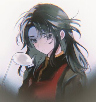 1boy androgynous apron artist_request bishounen black_hair black_shirt commission empty_eyes grey_eyes hashtag-only_commentary highres holding holding_ladle kimi_ga_shine ladle long_hair looking_at_viewer male_focus parted_lips portrait red_apron satou_kai second-party_source shirt solo stray_hair