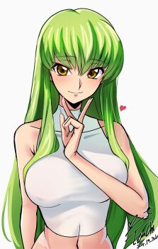 1girl absurdres artist_name bare_shoulders breasts c.c. code_geass collarbone green_hair highres large_breasts light_blush long_hair looking_at_viewer simple_background smile tank_top upper_body v white_background yellow_eyes yoo_tenchi