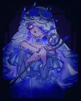 1girl blue_fire candle choker collarbone colored_eyelashes commentary_request dress eyelashes fire frilled_choker frilled_dress frilled_veil frills glowing glowing_eyes head_wreath highres holding holding_staff identity_v melly_plinius melly_plinius_(ghost_candle) off_shoulder purple_choker purple_lips purple_theme reki510 solo staff upper_body veil veil_over_one_eye white_eyelashes white_eyes white_veil