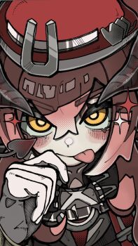 Rule 34 | 1girl, arknights, blush, bright pupils, closed mouth, commentary, commentary request, commission, demon girl, demon horns, demon tail, double-parted bangs, english commentary, gloves, hair between eyes, hand up, hat, highres, horns, large variant set, long hair, looking at viewer, mixed-language commentary, pink hair, pixiv commission, portrait, red hat, shisunomiunko, solo, sparkle, tail, tongue, tongue out, ulsulah (arknights), variant set, white gloves, white pupils, yellow eyes