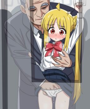 1boy 1girl ahoge blonde_hair blue_skirt blush bocchi_the_rock! bow braid braided_base chikan fingering grabbing_another's_breast groping hand_grip hand_in_another's_panties hetero highres hippo_power holding_hand_grip ijichi_nijika loli molestation old old_man panties picot_trim_panties pleated_skirt pussy_juice pussy_juice_drip_through_clothes red_bow red_eyes revision school_uniform shirt side_ponytail side_ponytail_with_braided_base skirt standing train_interior underwear white_panties white_shirt