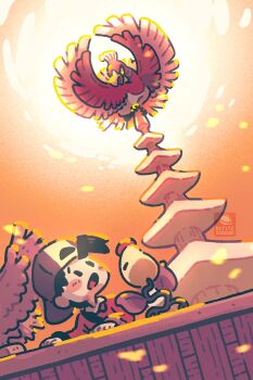 backwards_hat baseball_cap beak bell_tower_(pokemon) bellsprout bird ethan_(pokemon) gen_1_pokemon gen_2_pokemon hat highres ho-oh jacket legendary_pokemon looking_back nintendo open_mouth petite_echorizon pokemon pokemon_(creature) pokemon_hgss red_jacket surprised