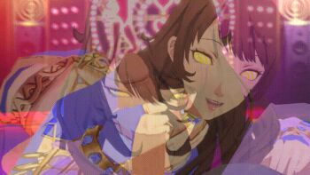1boy 1girl 3d @_@ amateurthrowaway animated animated_gif breasts brown_hair dark_persona fellatio grabbing_another&#039;s_face handjob happy head_grab hetero hypnosis jewelry kujikawa_rise large_penis long_hair mind_control naughty_face necklace open_mouth oral penis persona persona_4 pov small_breasts smile snapping_fingers source_filmmaker_(medium) submission television uncensored yellow_eyes