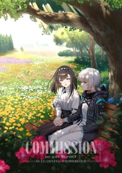 Rule 34 | 2girls, arknights, bench, black hair, black hairband, black skirt, coat, commentary, commission, day, doctor (arknights), english commentary, expressionless, feet out of frame, female doctor (arknights), flower, grey eyes, grey hair, hairband, highres, holding hands, hood, hood down, hooded coat, id card, lab coat, long hair, long sleeves, looking at viewer, low ponytail, meadow, megalateo, miniskirt, multiple girls, on bench, pantyhose, park bench, pencil skirt, ponytail, priestess (arknights), purple eyes, sitting, skirt, smile, sunlight, sweater, turtleneck, turtleneck sweater, white coat, white sweater