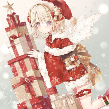 1girl blonde_hair blush box christmas expressionless frilled_thigh_strap fur_trim gift gift_box hat kneeling looking_at_viewer maya_(tirolpop) original purple_eyes santa_costume santa_hat short_hair solo thigh_strap wings
