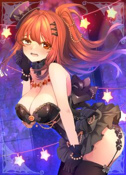 Rule 34 | 1girl, 777, absurdres, alternate costume, ass, bare shoulders, black bow, black bowtie, black corset, black gloves, black hat, black skirt, black thighhighs, blush, bow, bowtie, bracelet, breasts, citrus yu moon, cleavage, commentary, corset, daiya fortuna, embarrassed, english commentary, gloves, grey eyes, hat, heterochromia, highres, indie virtual youtuber, jewelry, large breasts, leaning forward, long hair, looking at viewer, mini hat, mini top hat, number hair ornament, open mouth, red eyes, red hair, second-party source, side ponytail, skirt, solo, star bracelet, teeth, thighhighs, top hat, upper teeth only, virtual youtuber, wavy mouth