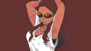 1girl 91007 commentary_request contemporary dark-skinned_female dark_skin earrings facial_mark fire_emblem fire_emblem:_three_houses jewelry long_hair looking_at_viewer nintendo petra_macneary purple_hair sunglasses