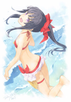 1girl ass bikini black_hair blunt_bangs bow butt_crack dated errant hair_bow highres long_hair looking_at_viewer looking_back muguruma_miyako ocean open_mouth ponytail purple_eyes red_bow senyoku_no_sigrdrifa solo swimsuit thigh_strap water