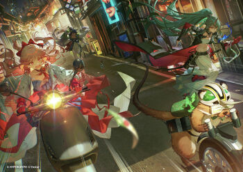 Rule 34 | 1boy, 1other, 2girls, animal, architecture, arknights, ascot, black coat, blue dress, building, character request, chest sarashi, city, city lights, cityscape, closed eyes, coat, commentary request, copyright notice, demon horns, dress, east asian architecture, fleeing, full body, gloves, gradient hair, green hair, haruka (arknights), helmet, high ponytail, horns, hoshiguma (arknights), hoshiguma the breacher (arknights), jacket, japanese clothes, kimono, kuikui, long coat, long hair, matsukiri (arknights), motor vehicle, motorcycle, motorized unicycle, multicolored hair, multiple girls, night, official art, oni, open clothes, open coat, outdoors, pink eyes, ponytail, red ascot, red coat, red eyes, red gloves, red hair, sarashi, second-party source, single glove, single horn, skyscraper, surprised, two-sided coat, two-sided fabric, white coat, white jacket, white kimono