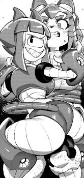 2girls android animal_ears ass blunt_bangs bound breasts cat_ears cat_girl cat_tail claws clenched_teeth commentary curvy cyclops furry furry_female gameoverse goggles goggles_on_head grin highres huge_ass ireading joints kit_bodega looking_at_viewer looking_back malice_(gameoverse) multiple_girls one-eyed oversized_limbs restrained robot robot_girl robot_joints sharp_teeth short_hair smile sweat sweatdrop tail teeth tentacles trapped wide_hips