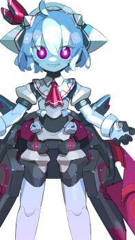 1girl ascot bright_pupils cheri_zao commentary_request cowboy_shot grin highres looking_at_viewer mechanization neckerchief parted_lips red_ascot red_eyes red_neckerchief remilia_scarlet ringed_eyes robot_girl short_hair simple_background smile smirk solo teeth touhou white_background white_pupils