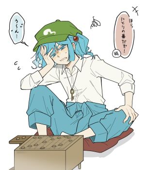 blue_eyes blue_hair blue_jumpsuit board_game flat_cap flying_sweatdrops green_hat hair_bobbles hair_ornament hat highres jewelry jumpsuit kawashiro_nitori key key_necklace necklace pillow sakic43899 shirt shogi shogi_piece sitting speech_bubble touhou translation_request two_side_up white_shirt