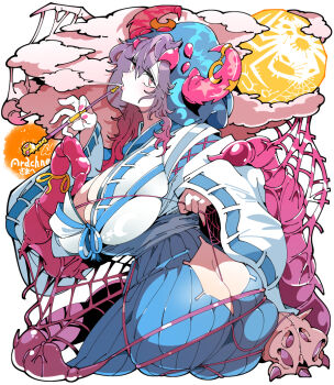 1girl ass ass_cutout between_buttocks breasts butt_crack cleavage clothing_cutout curved_horns half-closed_eyes hand_up holding holding_smoking_pipe kafun large_breasts looking_at_viewer original pink_eyes pink_nails purple_hair skindentation smoke smoking smoking_pipe solo tagme